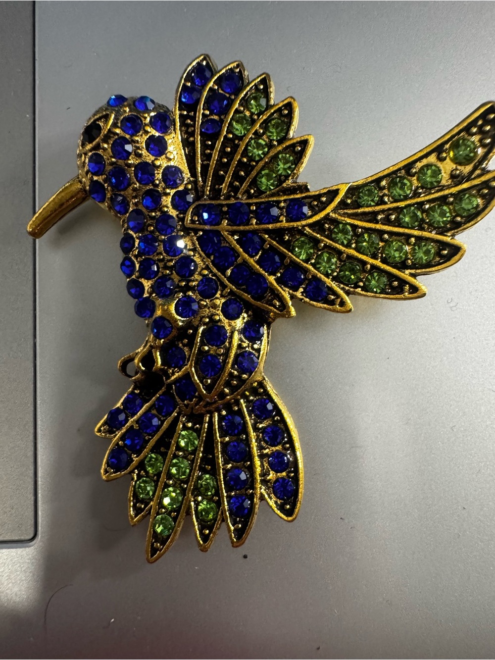Gold-Tone Blue & Green Crystal Hummingbird Brooch - Elegant Pin